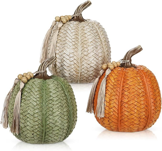 Hollyone Pumpkins Fall Decoration, 3 Pack Woven Resin Pumpkins Decorative Autumn Fake Pumpkin for Home Thanksgiving Harvest Halloween Wedding Table Centerpiece Shelf Indoor Outdoor Porch Decor