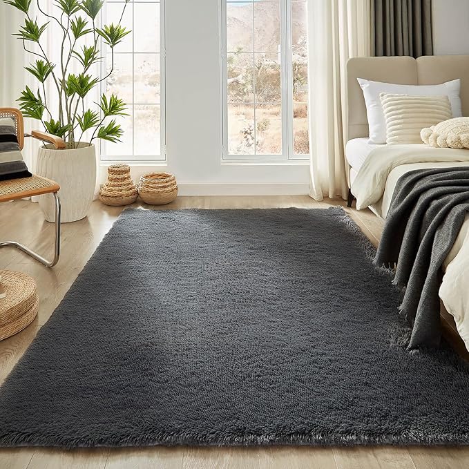 Floralux Ultra Soft 5x7 Area Rugs for Living Room Bedroom, Dark Grey, Shag Plush Rug for Playroom, Modern Shaggy Carpet for Beside Bed, Teens Dorm, Nursery, Home Decor Aesthetic