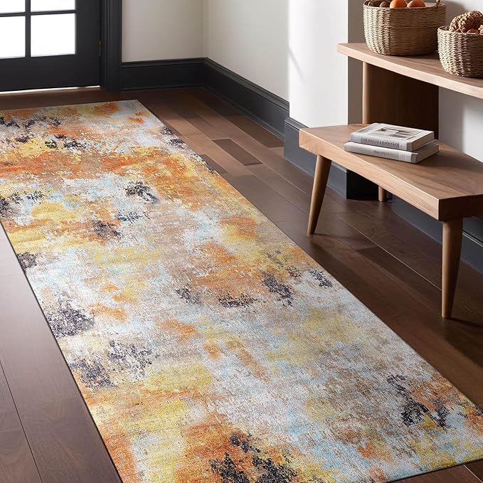 Non Slip Rugs 2x7 Modern Abstract Easy Silk Rubber Backing Soft Runner Rug for Hallways Easy to Clean Non Shedding Kitchen for Laundry Room Indoor Area Carpet (Orange - Brown, 2x7)