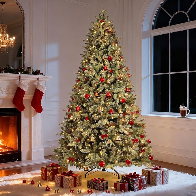 7FT Pre-Lit Artificial Christmas Tree with 2010 PE&PVC Mixed Branch Tips, 500 Warm White Lights, Hinged Premium Spruce Fake Xmas Trees, Green, Foldable Base