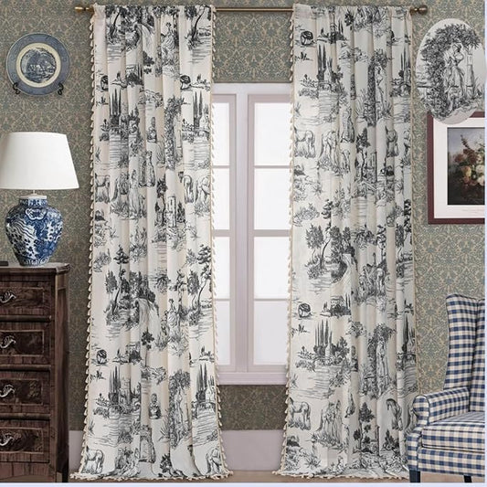F-CHU Black Curtains for Living Room 2 Panels Patterned Print Semi Blackout Farmhouse Modern Toile Pattern on Cream White Cotton Fabric Window Treatments Drapes for Bedroom 55" W x 90" L
