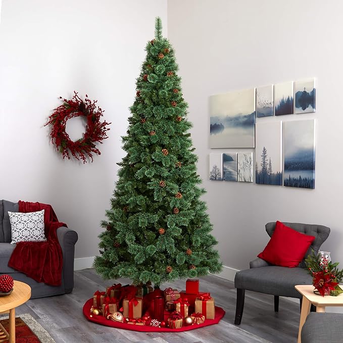 Nearly Natural 9ft. White Mountain Pine Artificial Christmas Tree with 650 Clear LED Lights and Pine Cones