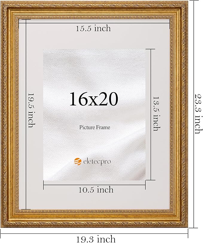 eletecpro 16x20 Picture Frames Set of 2, 16 by 20 Ornate Vintage Photo Frame, Rustic Gold Frames Display 11 x 14 Photo with Mat or 16x20 without Mat for Wall Decor, Gold