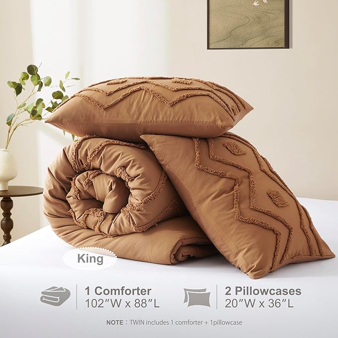 Oli Anderson Boho Tufted Comforter Set King Size, 3 Pcs Soft Jacquard Bedding Set for All Seasons, Shabby Chic Farmhouse Bedding Set with Comforters for All Seasons (Pumpkin, King)