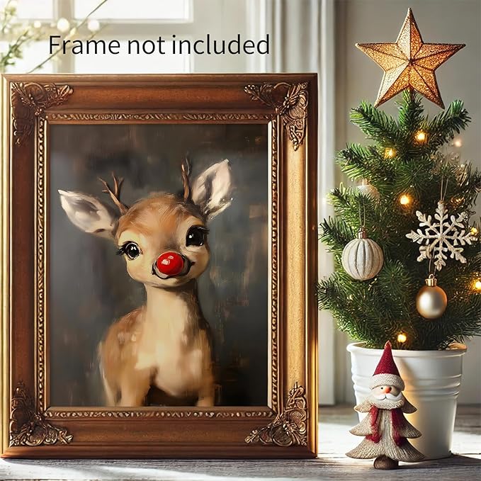 Christmas Reindeer Wall Art Winter Cute Whimsical Animal Canvas Poster Vintage Red Nose Deer Painting Prints for Rustic Living Room Bedroom Wall Decor 12x16 inch Unframed
