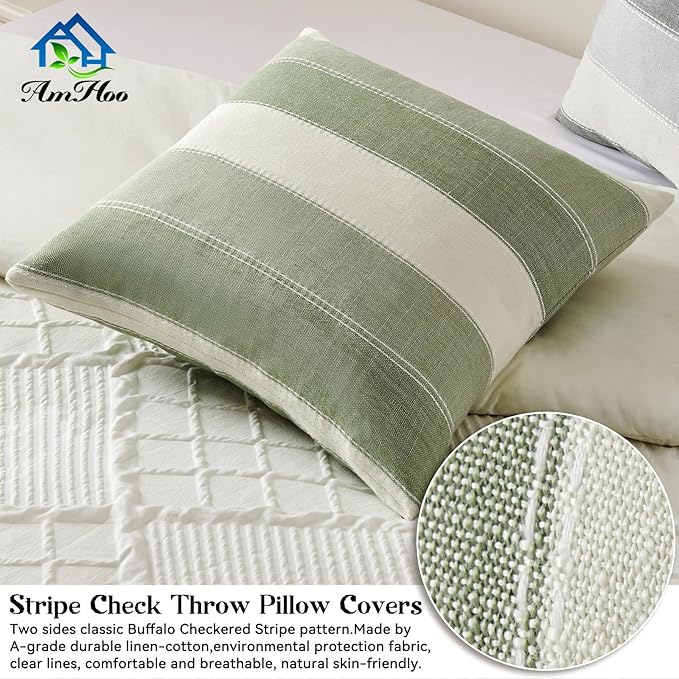 AmHoo Pack of 2 Farmhouse Stripe Check Throw Pillow Covers Set Case Cotton Linen Decorative Pillowcases Cushion Cover for Couch Bench Sofa 16x16 Inch Sage Green
