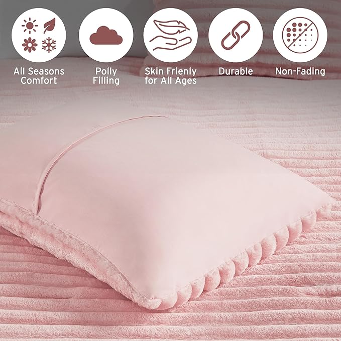 Intelligent Design Twin Comforter Set, Cozy Plush Bedding, Microfiber Reverse, 2 Piece, Lightweight, Super Soft Ribbed Velvet Comforter 1 Sham, All Season Fluffy Bed Set, Avril, Twin/Twin XL Pink