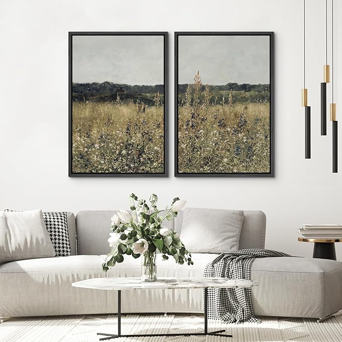SIGNWIN Framed Canvas Print Wall Art Set Wildflower Meadow Under a Gentle Overcast Sky Illustration Modern Art Minimalism Decorative Nordic for Living Room, Bedroom, Office - 16"x24"x2 Black