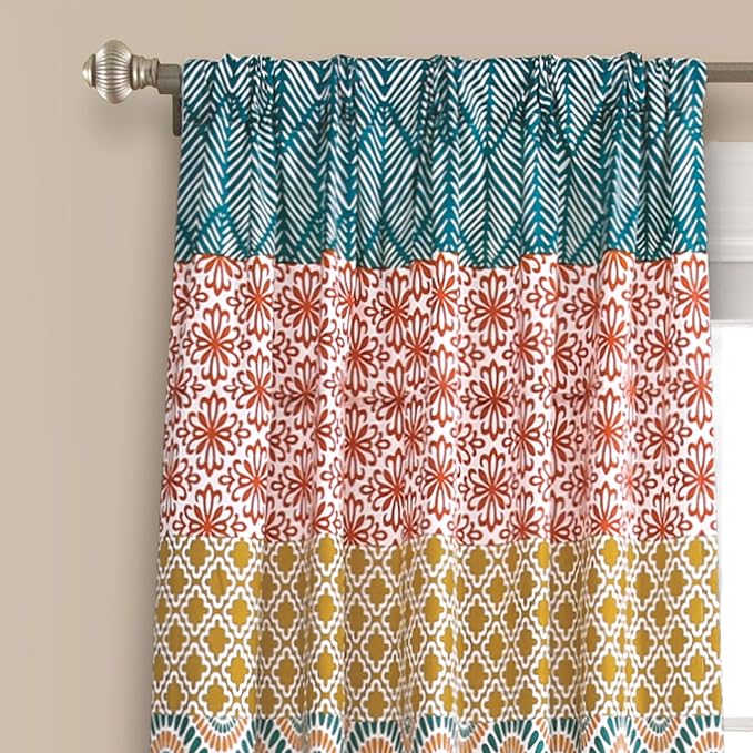 Lush Decor Bohemian Stripe Window Curtain Panels, Pair 52" W x 108" L Turquoise & Orange - Light Filtering Curtains for Bedroom - Boho Curtains - Maximalist Decor