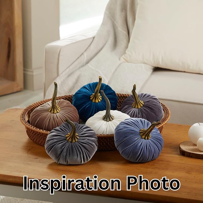 Set of 3 Velvet 6.25 Inch Pumpkins, fall decor, cozy autumn vibe, tiered tray tablescape, elegant accent decor, Thanksgiving centerpiece, neutral mantel decor (Gray, Taupe, Ivory)