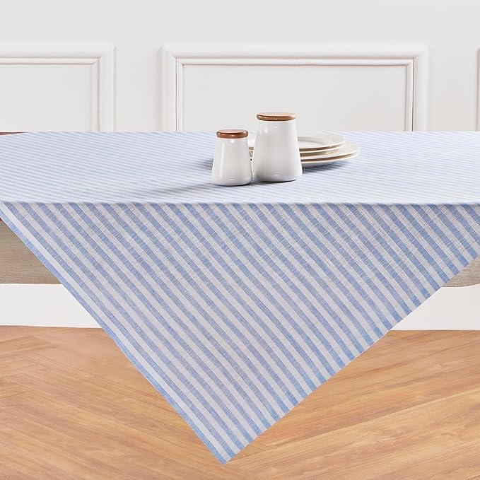 Solino Home Linen Square Tablecloth 52 x 52 Inch - Amalfi Stripe, 100% Pure Linen Sky Blue and White Table Throw - Machine Washable Tablecloth for Holiday