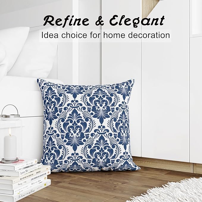 LOVOUS Navy Blue and White Damask Throw Pillow Covers 18x18 Inch Set of 2, Vintage Linen Decorative Pillow Covers for Bed Couch Sofa Bedroom Living Room Home Decor, B20
