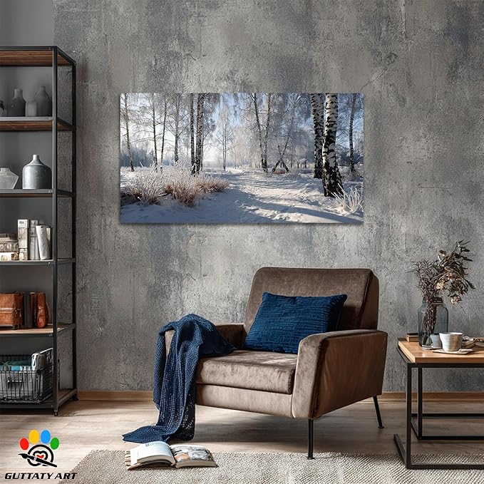 GUTTATY Christmas Winter Scene Canvas Wall Art, Snowy Forest Birch Tree Canvas Prints, Serene Blue White Painting, Peaceful Landscape Poster Picture for Living Room Bedroom Office, 32x16 Inch