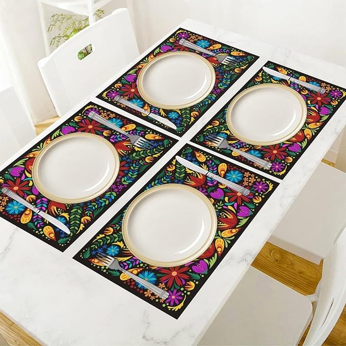 Mexican Floral Placemat Set of 4, 12x18 Inch Boho Colorful Mexico Fiesta Talavera Birds Cinco de Mayo Stripes Coffee Vintage Table Mats for Outdoor Kitchen Dining Table Decoration