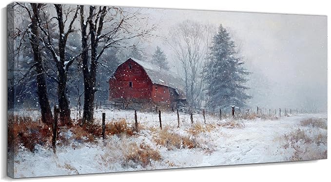 GUTTATY Christmas Winter Scene Canvas Wall Art, Rustic Red Barn Canvas Prints, Snowy Landscape Wall Artwork, Holiday Wall Decor Poster, Cozy Winter Pictures for Living Room, Bedroom, 40x20 Inch