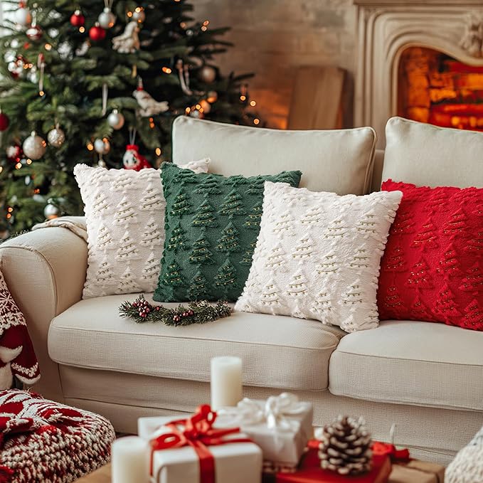 AQOTHES Christmas Tree Decorative Red Throw Pillow Covers 20x20 Set of 2, Faux Fur Farmhouse Throw Pillows Cushion Cases for Xmas Winter Holiday Home Decor