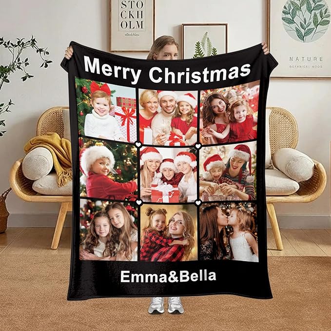 Jecivila Custom Blanket with Picture Text Personalized Photo Throw Blankets for Kids Family Dad Mom, Customized Gift for Christmas Birthday