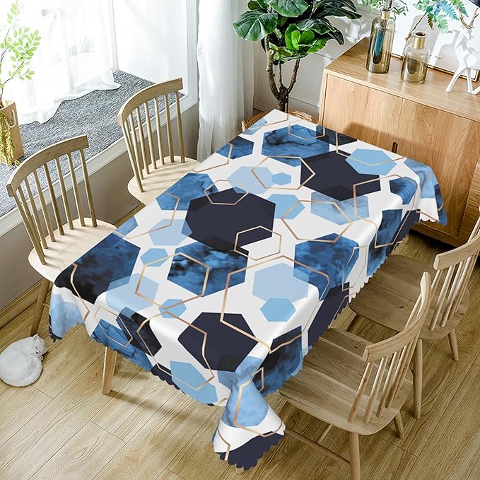 70x90inches Elegant Hexagons Tablecloth Blue White Gold Modern Geometric Abstract Art Fabric Table Cloth Marble Texture Waterproof Table Cover for Kitchen Dining Room Banquet Party Decor
