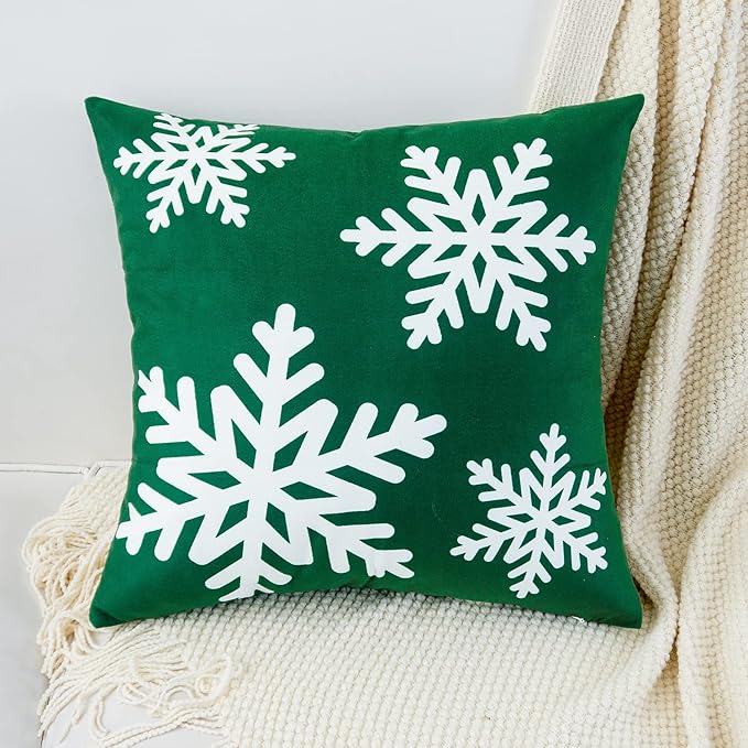 HWY 50 Green Decorative Throw Pillow Covers 20x20 Inch for Couch Sofa Living Room Bed, Soft Square Throw Pillows Cases Set Cushion Cover with Christmas Snowflakes Print Pack of 2