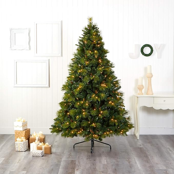 Nearly Natural 7.5ft. North Carolina Mixed Pine Artificial Christmas Tree with 470 Warm White LED Lights, 1895 Bendable Branches and Pinecones