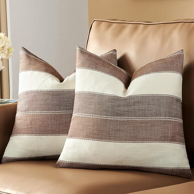 AmHoo Pack of 2 Farmhouse Stripe Check Throw Pillow Covers Set Case Cotton Linen Decorative Pillowcases Cushion Cover for Couch Bench Sofa 20x20Inch Brown