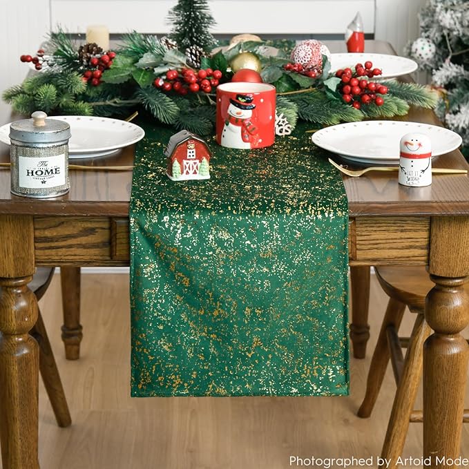 Artoid Mode Dark Green Dutch Fleece Table Runner, Glitter Metallic Foil Holiday Kitchen Dining Table Decoration for Home Party Decor 13x72 Inch