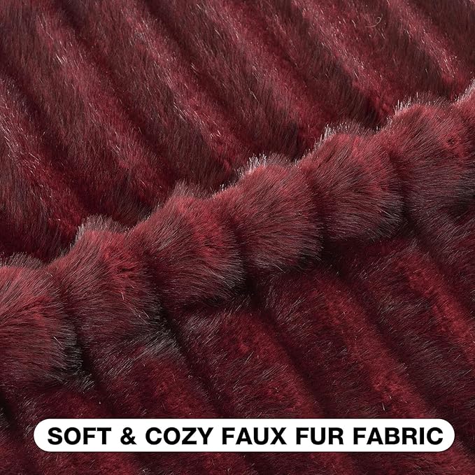 FUTEI Burgundy Decorative Throw Pillow Covers 16x16 Inch Set of 2,Soft Fluffy Faux Rabbit Fur Dyeing Striped Textured Cushion Case,Modern Home Decor for Couch Bed Living Room