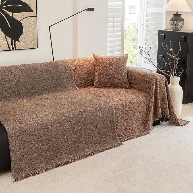 DREAMINGO Thickened Chenille Couch Cover 71x134 Inch Washable 3-Seater Sofa Covers Living Room Sectional Couch Slipcovers Modern Furniture Protector with Tassel, Brown Coffee