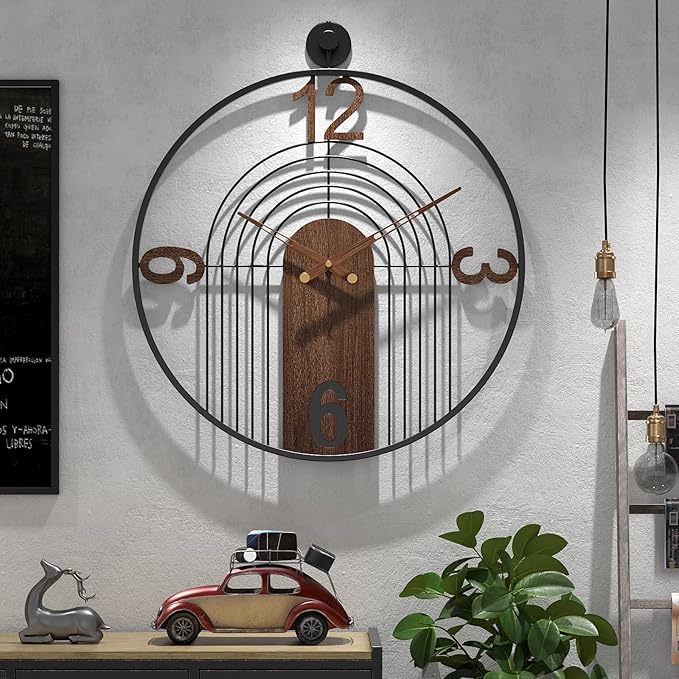 Modern Large Walnut Dial Wall Clock, Wood Metal Frame Silent Non Ticking Wall Clocks Decoration for Living Room, Bedroom, Kitchen, Study, Handmade Home Decor Present Idea, 29.5 Inch