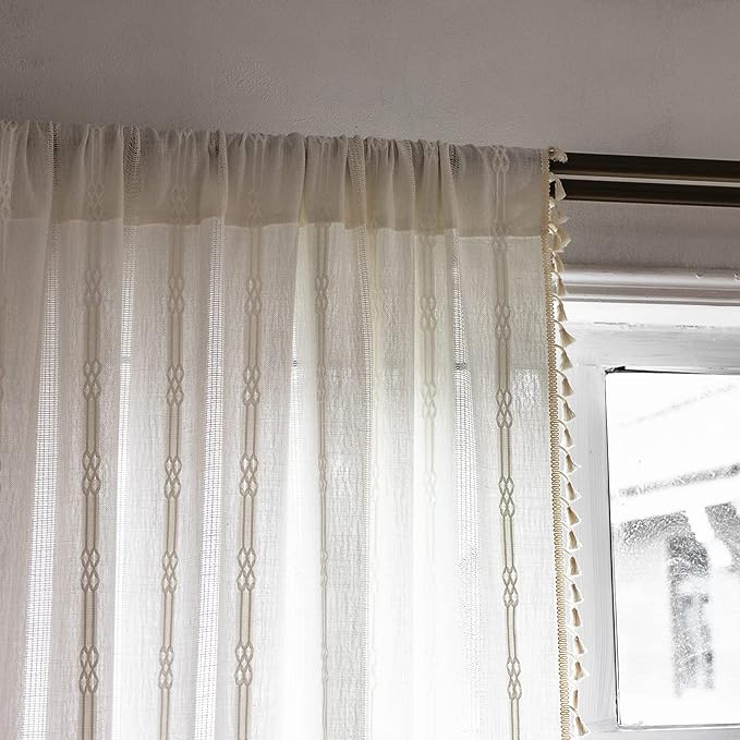 Sutuo Home White Boho Curtains 63 Inches Long for Kitchen Nursery, Light Filtering Shabby Chic Tassels Farmhouse Ivory Window Treatment Hollow Stripes Bohemian Embroidery Drape 1 Panel 52" W x 63" L