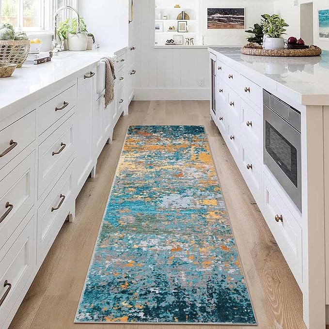 2x6 Modern Abstract Runner Rug Non Slip Soft Rug Stain Resistant Low Pile Non Shed Machine Washable for Hallway Kitchen Bathroom, Multi Color