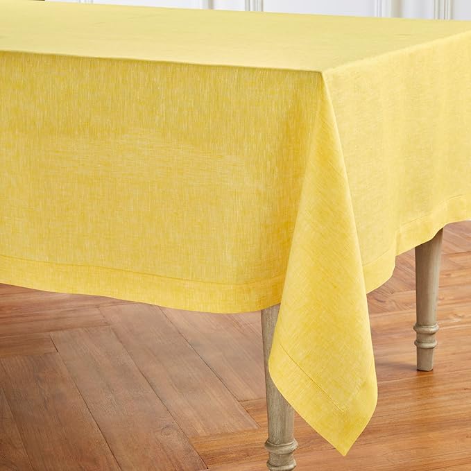 Solino Home Linen Tablecloth 54 x 72 Inch - 100% Pure Linen Chambray Lemon Yellow Table Cloth for Rectangle Tables - Athena, Machine Washable Tablecloth