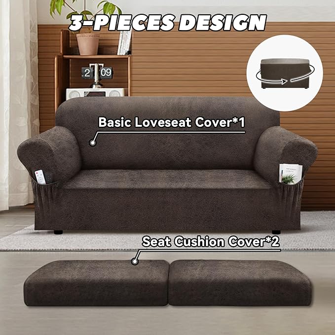 Loveseat Slipcover with Armrest Pockets 3-Piece Set, Stretch Faux Leather Love Seat Covers for 2-Cushion Couches(Fits 58-66") - Non-Slip, Machine Washable, Pet & Kid Friendly - Light Brown