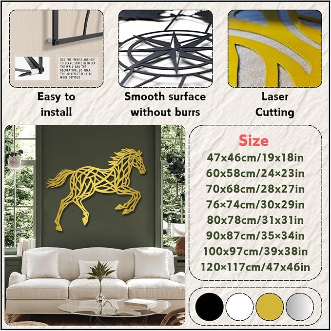 Geometric Horse And Tree Wall Art, Metal Wall Art Decor Plaque, Bedroom Living Room Geometric Art Decor,Wall Hangings(Silver,90x87cm/35x34in)