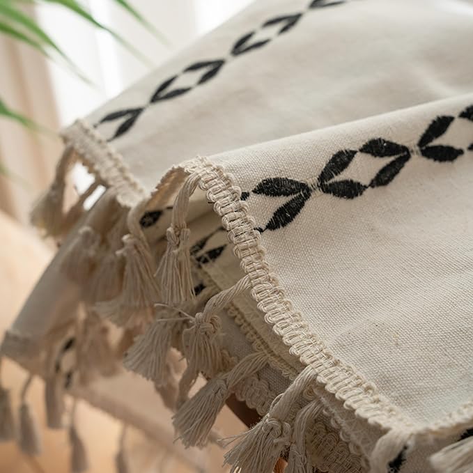 Sutuo Home Boho Curtains 63 Inch Length for Bedroom Living Room, Rod Pocket Light Filtering Cotton Embroideried Bohemian Striped Semi Blackout Farmhouse Decor, White and Black 1 Panel W52 x L63