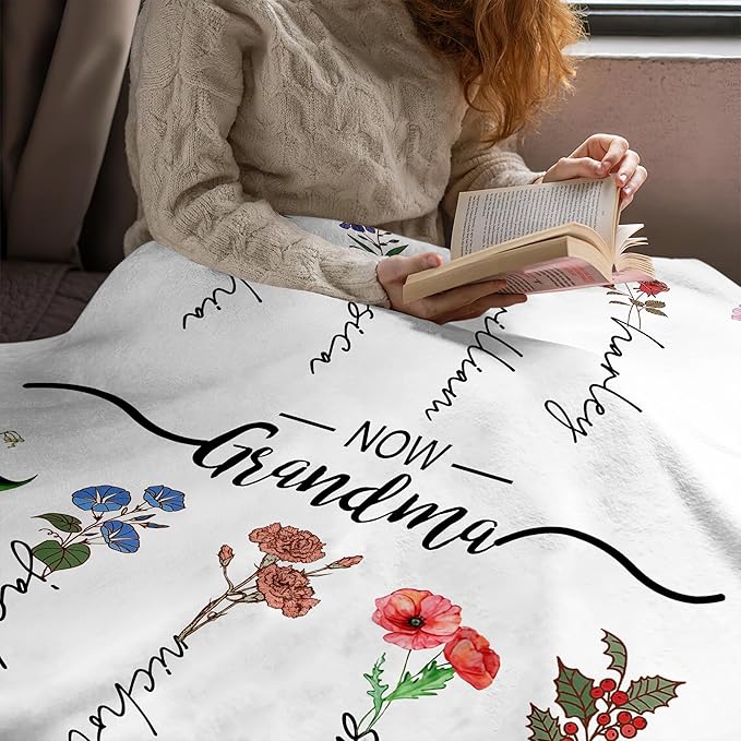 Ships Next Day, Personalized Christmas Mom Blanket Gift, Custom Blanket with Kids Name and Birth Month Flowers, Birthday Gifts for Mom from Daughter Son, Personalized Gifts for Grandma,Wife