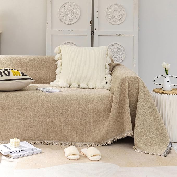 VClife Beige Couch Cover for Sofa 1 Piece Modern Minimalism Couch Cover for 3 Cushion Couch Sofa Slipcover Washable Soft Chenille Sofa Covers Furniture Protector for Bedroom Living Room 71''x150''
