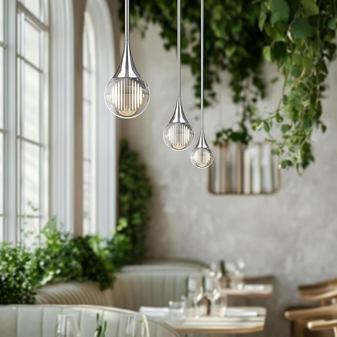 3-Pendant Lights Kitchen Island, Chrome Silver Globe Crystal Ceiling Hanging Light Fxitures, LED Light Fixtures Metal Rod Ceiling Glass Pendant Lighting for Kitchen Island Dining Room Bar