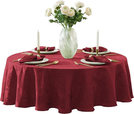 Newbridge Barcelona Damask Fabric Tablecloth, 70 Inch Round, Burgundy – No Iron, Soil Resistant Table Cover for Dining, Parties and Holidays