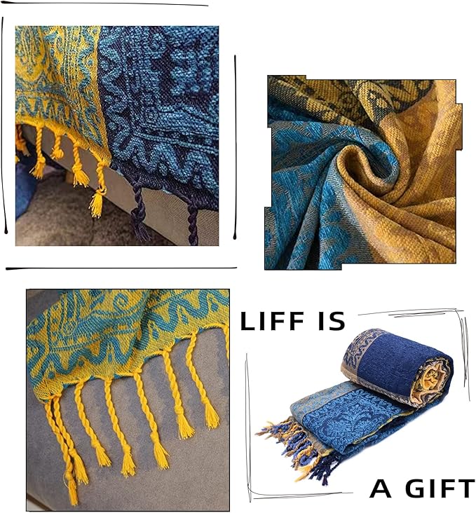 Bohemian Throw Blanket for Couch，Colorful Chenille Tassels Boho Woven Hippie Throw Blankets for Couch Bed Sofa Chair Recliner Loveseat, Bohemian Fringe Tassels Decor Home(Blue, S:60x75)