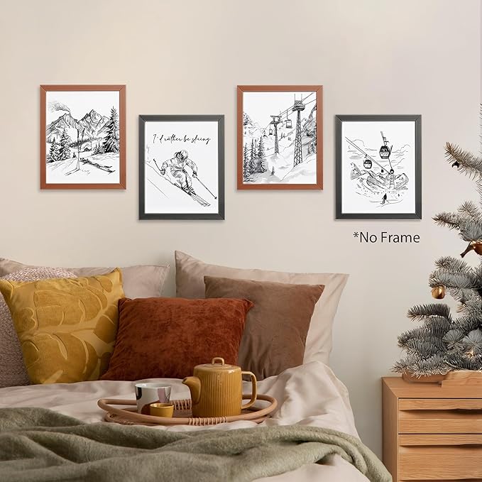 AEHIE Black and White Wall Ski Art Poster Prints for Home Bedroom Bedroom Living Room Office, Vintage Skiing Snowboard Winter Decor, Winter Snowy Mountain Landscape Wall Art Unframed 4pcs 8x10inch