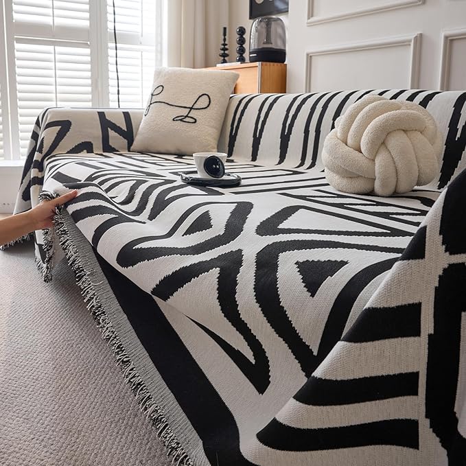 DREAMINGO Boho Couch Cover Washable Chenille Sofa Cover Blanket Beige Black Furniture Protector for Sectional 2 Cushion Couch Geometric Jacquard Reversible Loveseat Slipcover, Large 71"x118"