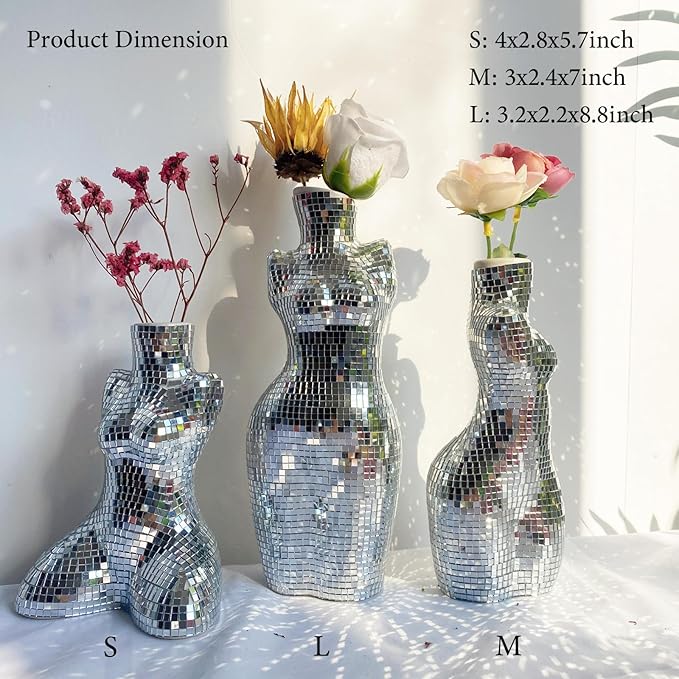 Modern Chic Vase Form, Centerpieces 7 inch Silver Handmade Ceramic Disco Shaped Vase, Creative Disco Floral Vases for Flowers Plant Boho Home Art Decor, 3x2.4x7inches