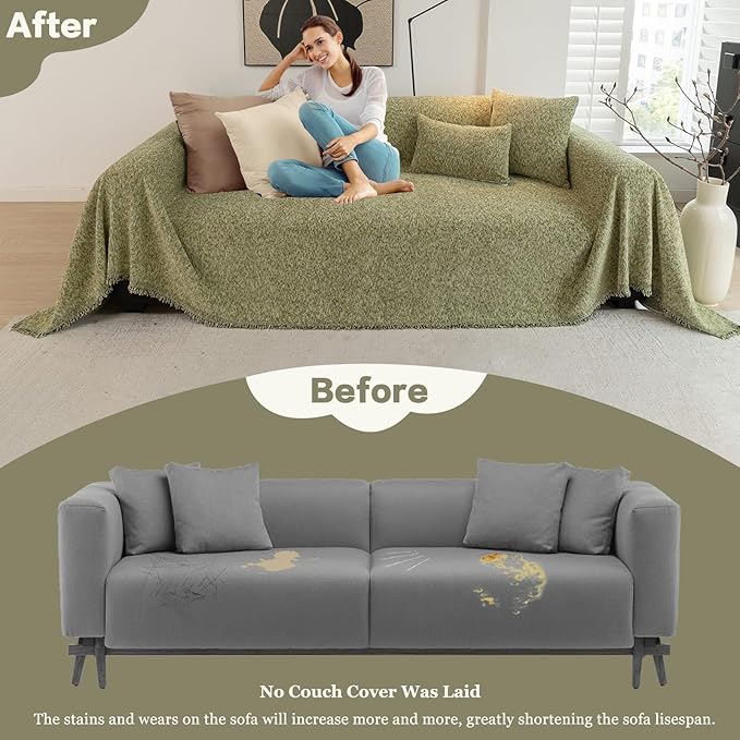 DREAMINGO Thickened Chenille Couch Cover 71x150 Inch Washable 3-Seater Sofa Covers Living Room Sectional Couch Slipcovers Modern Furniture Protector with Tassel, Green