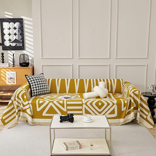 VClife Boho Couch Cover Soft Thick Chenille Couch Covers for Sectional Sofa, Bohemian Jacquard Couch Cover for 2 Cushion Couch Sofa Washable Breathable Furniture Protector, Mustard Yellow, 71"x118"