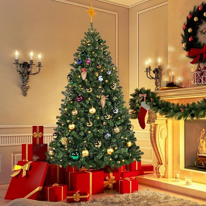 Yaheetech 6Ft Pre-lit Spruce Artificial Hinged Christmas Pine Tree Prelighted Holiday Xmas Tree for Home Party Decoration with 300 Warm White Lights and 818 Branch Tips, Green