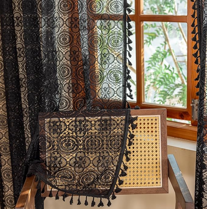 YJ YANJUN Black Boho Gothic Crochet Curtains, 59"W x 96"L (Pack of 2), Floral Pattern, Rod Pocket, Sheer Lining, Black, For Bedroom, Living Room, Kitchen, Dining Room, Bathroom