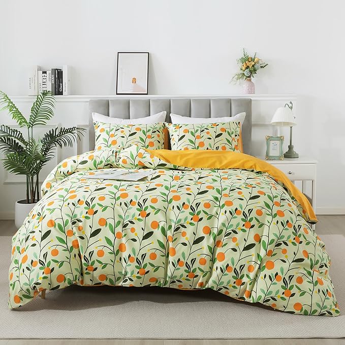 HoneiLife Duvet Cover Queen Size - Cotton Comforter Cover Floral Duvet Cover Sets 3-PC, Wildflower Duvet Cover with Zipper Closure & Corner Ties, Botanical Comforter Cover Sets, Fruit