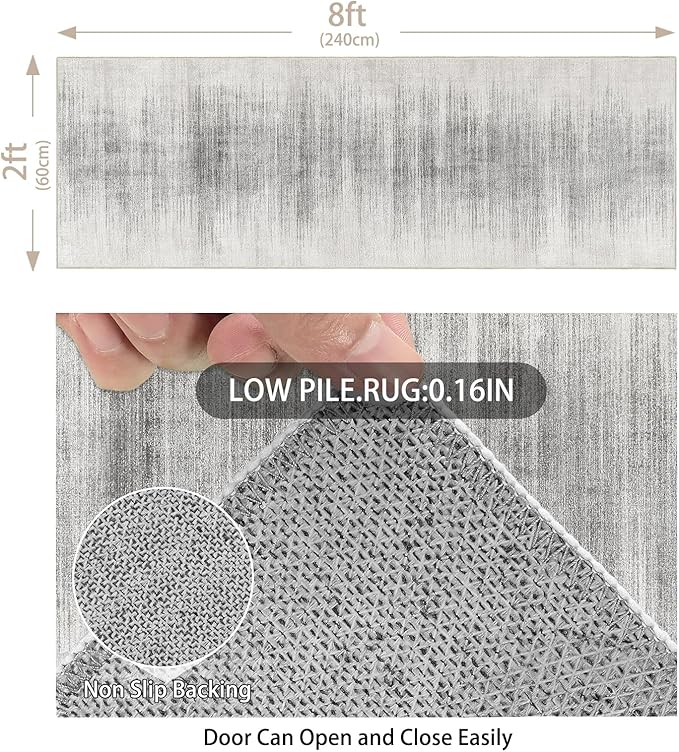 Enkor Runner Rugs for Hallway, 2x8 Washable Soft Non Slip Abstract Rugs for Kitchen, Modern Mat for Entryway Living Room Bedroom White & Grey