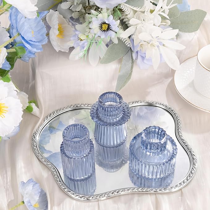 WELLIFE Blue Glass Candle Holder, 6 Pcs Tapered Candlestick Holders, Blue Glass Candlestick Holder for Table Centerpieces, Wedding Decor & Dinner Party
